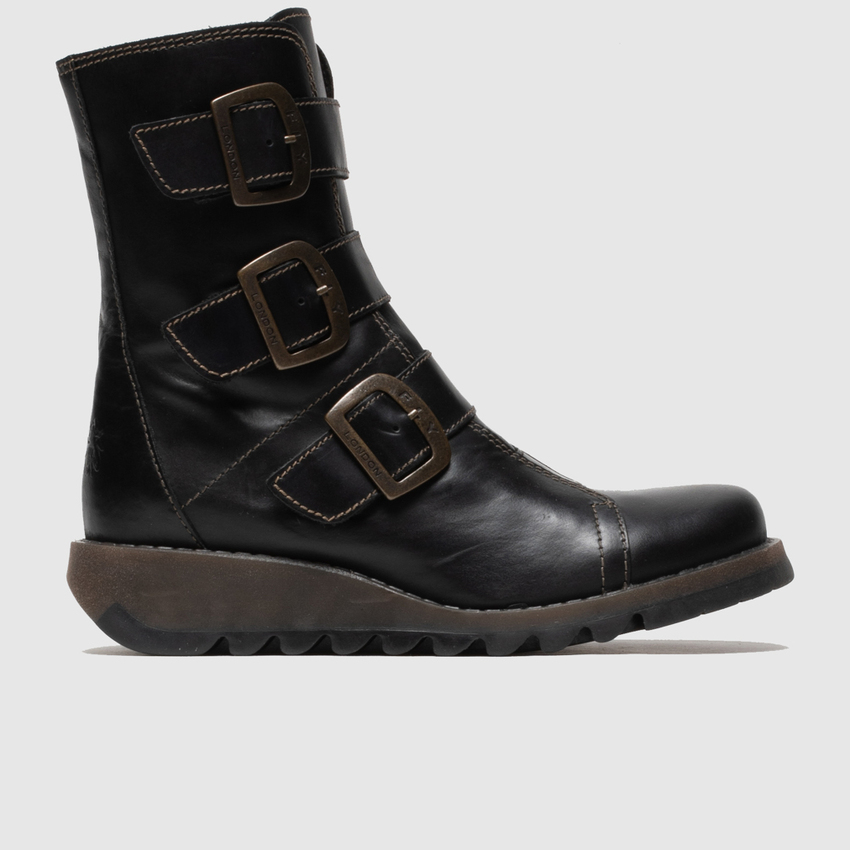 Pre-owned Fly London Women's Scop110fly Zip Up Buckle Ankle Boot In Black